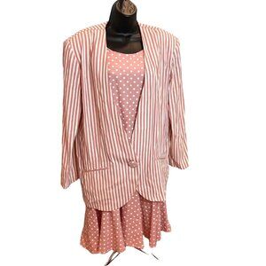 BGB Ltd Womens Pink Polka Dot Dress Striped Blazer Set Size 12 Acetate Blend
